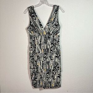 Roulette Black White Abstract Pleated Plunge Sleeveless Sheath Dress Womens Sz 4